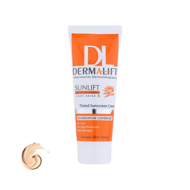 کرم ضد آفتاب کرم پودری بژ روشن پوست چرب فاقد چربی SPF50 درمالیفت شماره 1